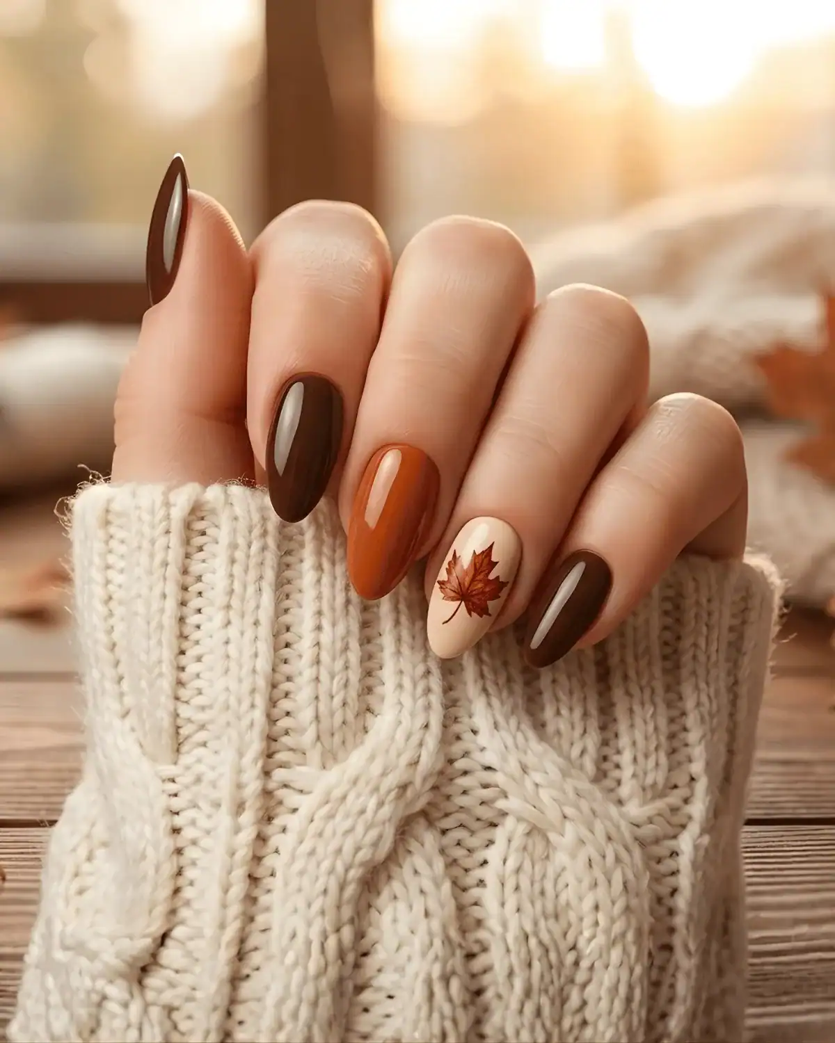 Fall nail ideas 2026 — maple leaf nail art in rust and orange on beige accent nail