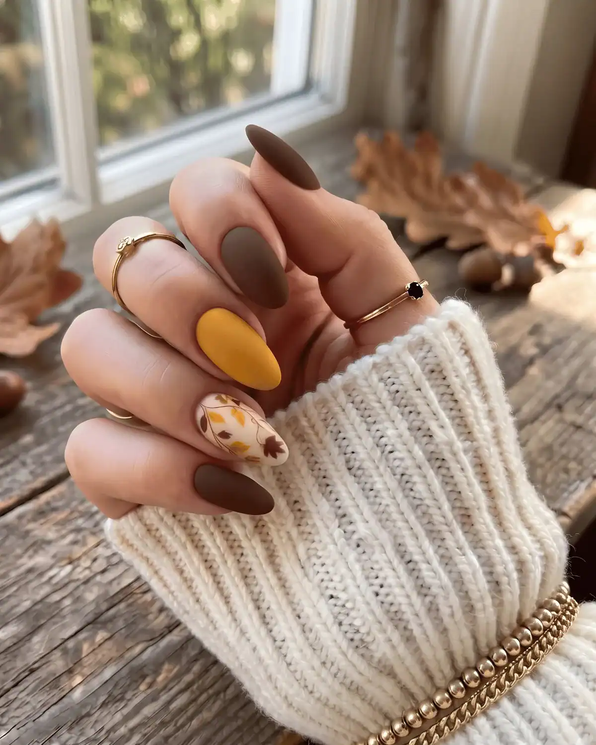 Matte mustard and chocolate nails with ivory leaf-print accent nail