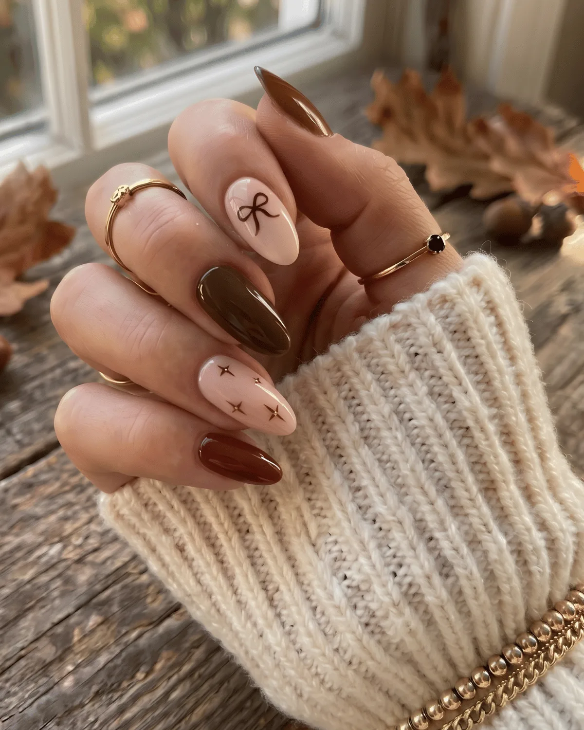 Chocolate and nude nails with bow and cross-stitch nail art details