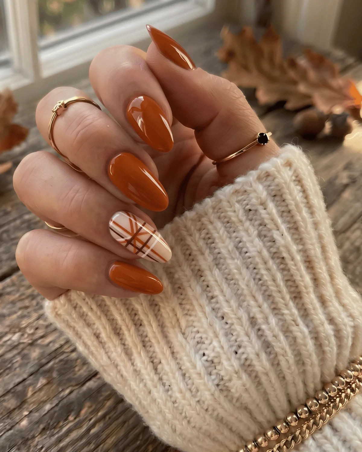 Rusty orange nails with beige and white plaid accent nail