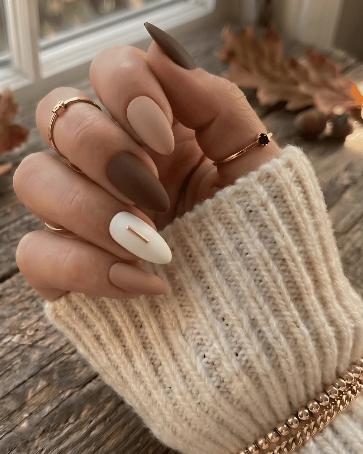 Matte cocoa and taupe nails with white gold-bar accent nail