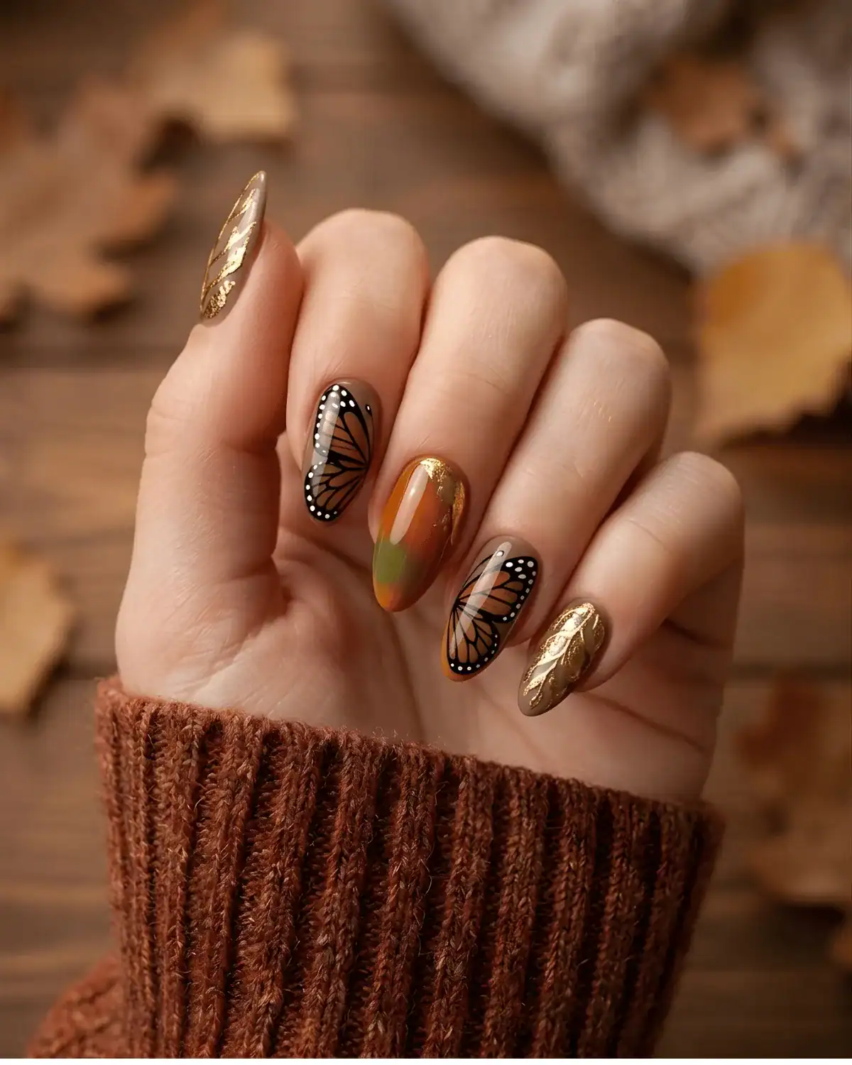 Butterfly wing nail art with gold leaf vein pattern on brown and amber fall manicure