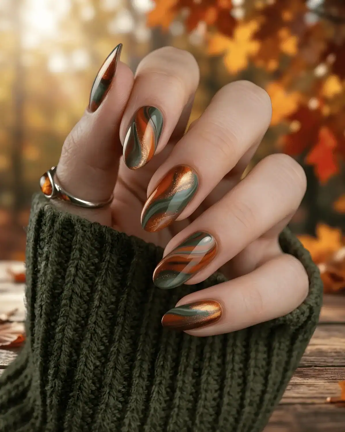 Swirled forest green, burnt orange, and copper nail art on almond nails