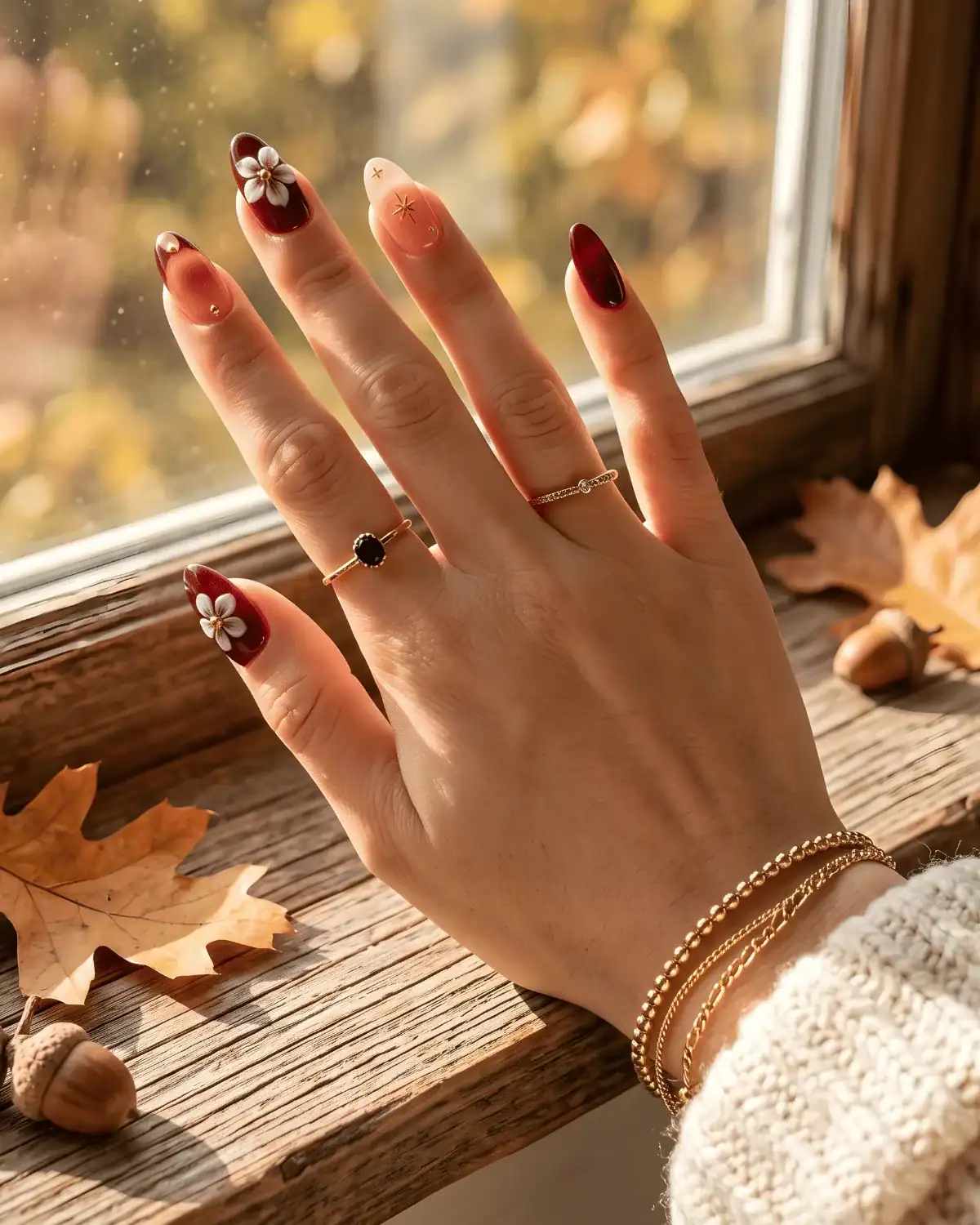 Chocolate brown nails with hand-painted yellow sunflower nail art