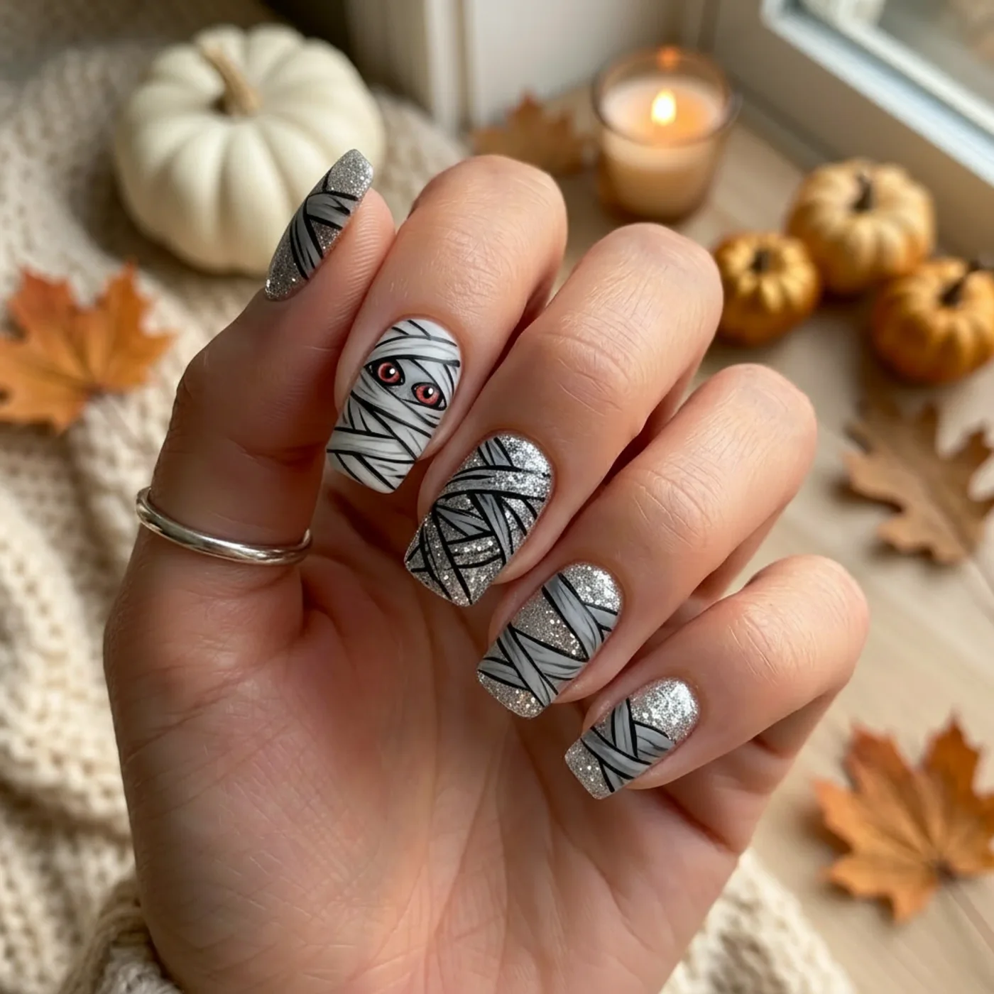 Mummy Wrap Halloween Nails — Halloween 2026